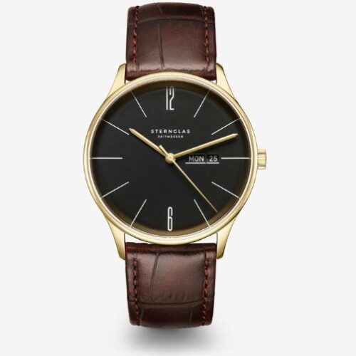 STERNGLAS UHR BERLIN schwarz goldf. Band Heritage dunkelbraun S01-BE04-HE01