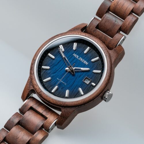 Holzkern Automatikuhr Nightbird Walnuss & Blau