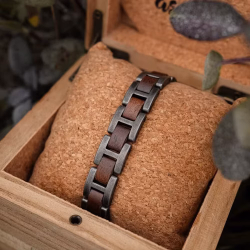 Holzkern Armband Acoustic Walnuss & Antiksilber