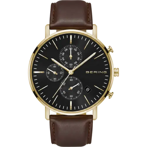 Bering Chronograph Datum Strukturiert Leder-Uhr Schwarz
