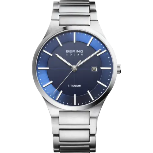 Bering Solar Titanuhr mit Datum Blau Silber 15239-777