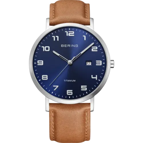 Bering Maxi Titanium Datum Leder-Uhr Blau 18640-567